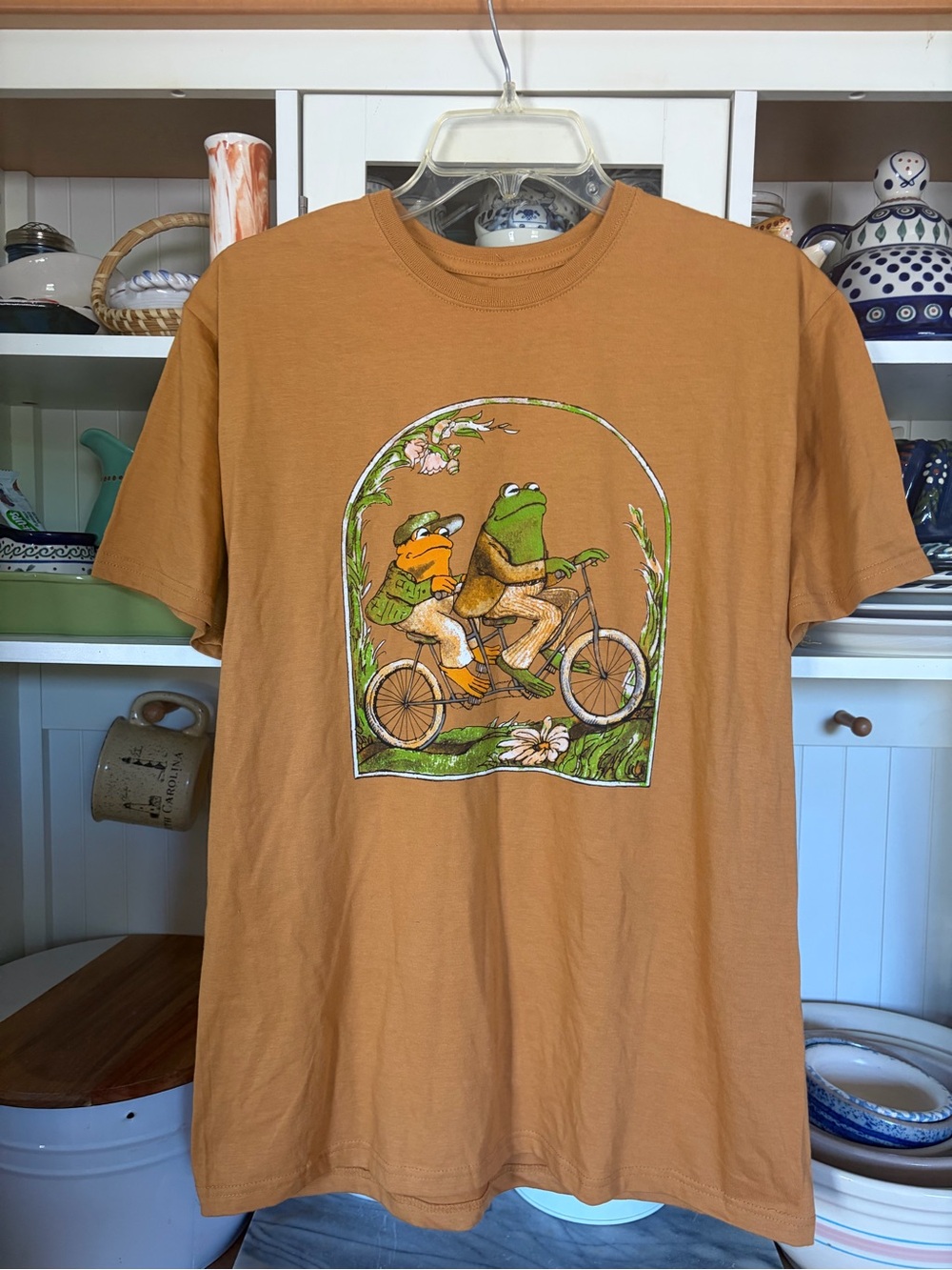 Men's Frog and Toad T-Shirt Sz M Rust Orange Tandem Bicycle Design